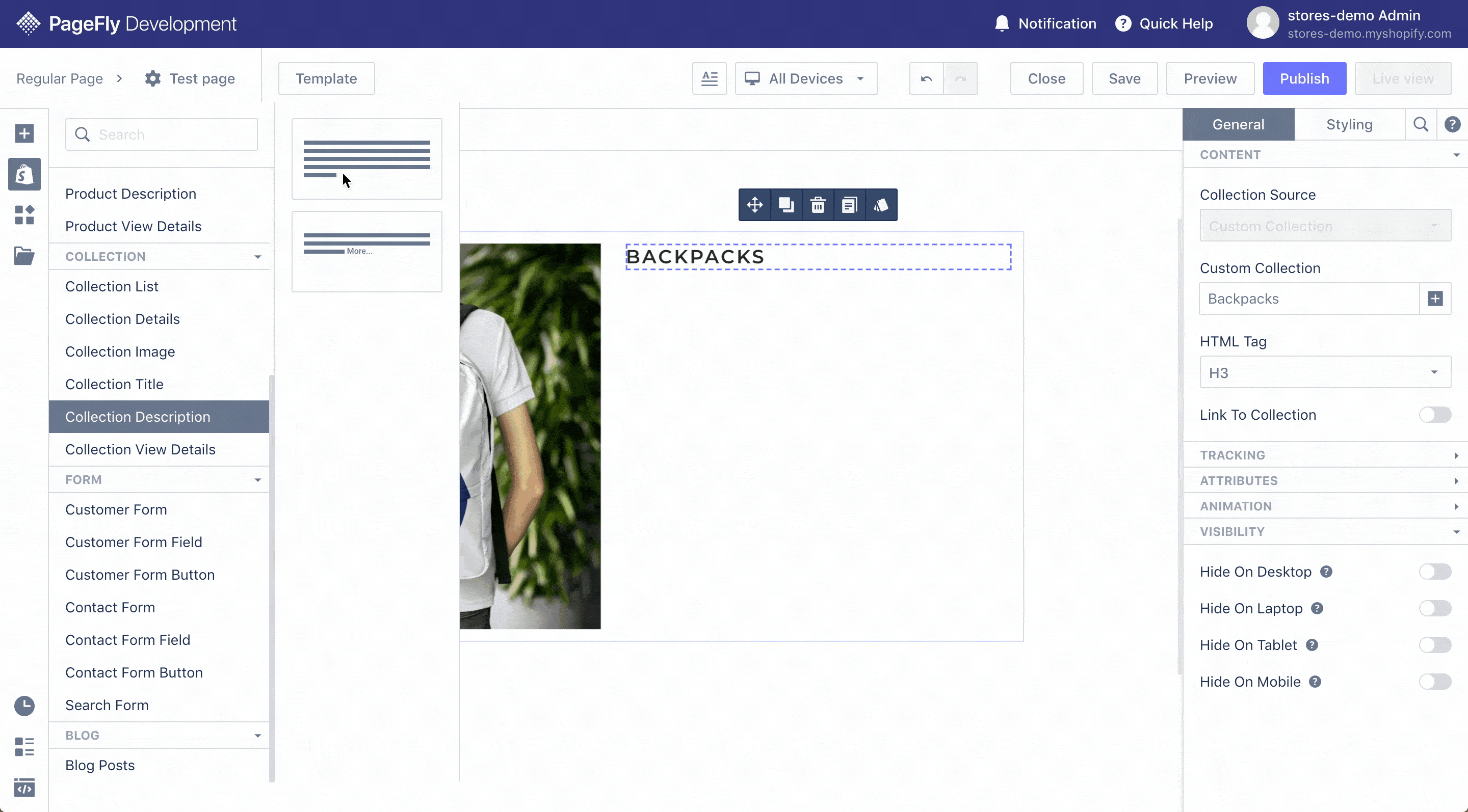 pagefly collection description element