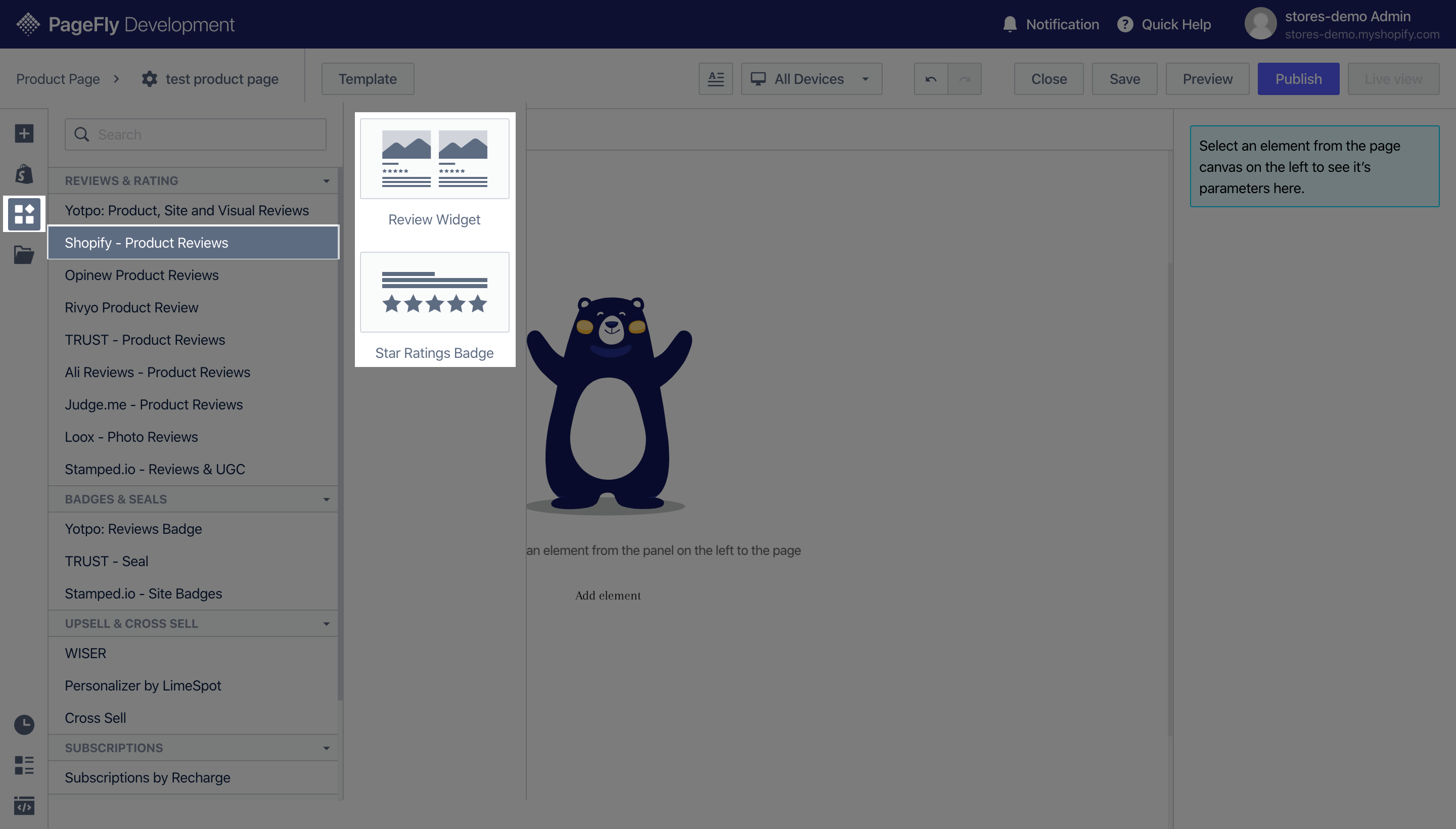 PageFly Shopify Product Reviews element 