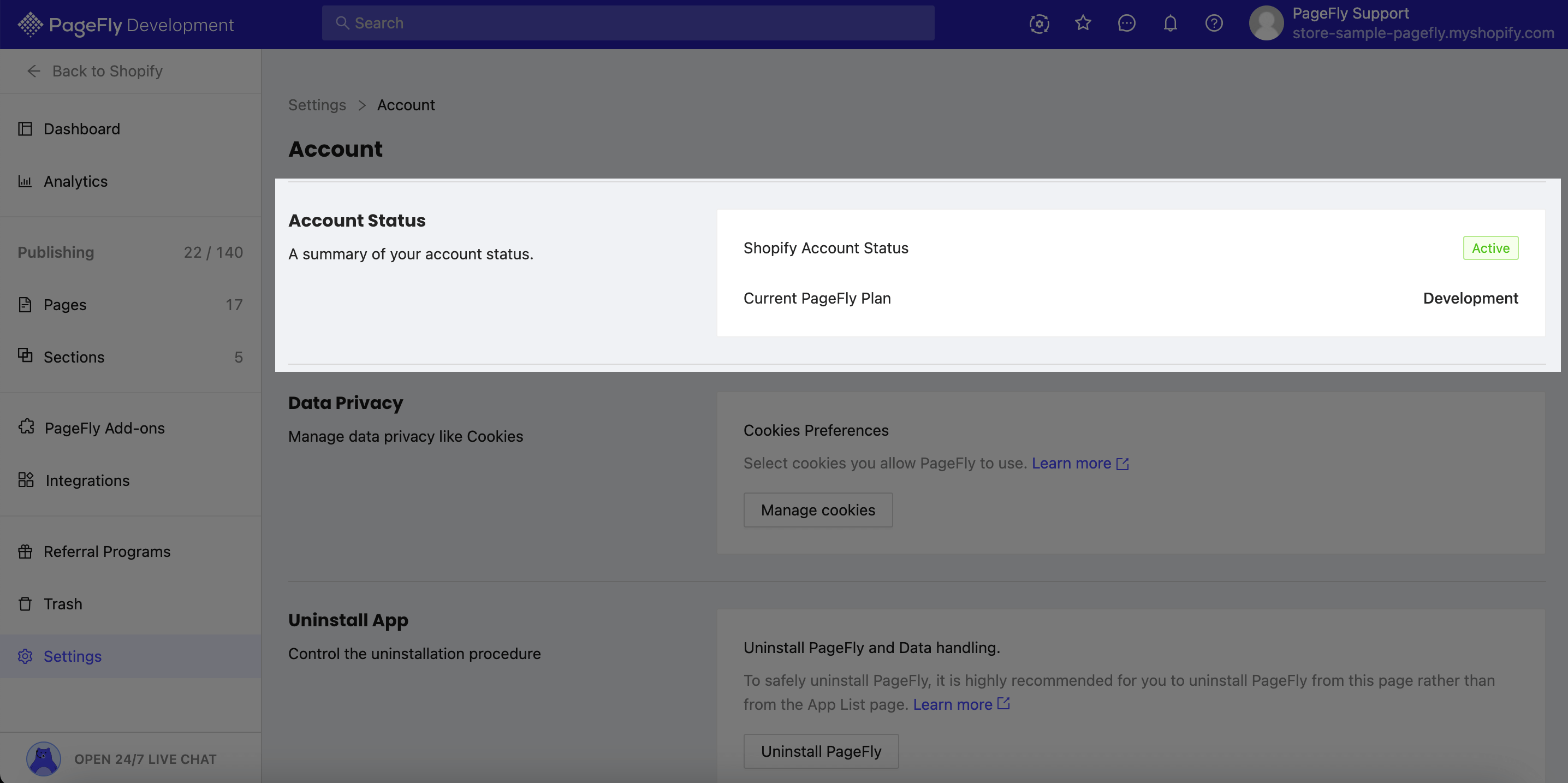 PageFly account setting