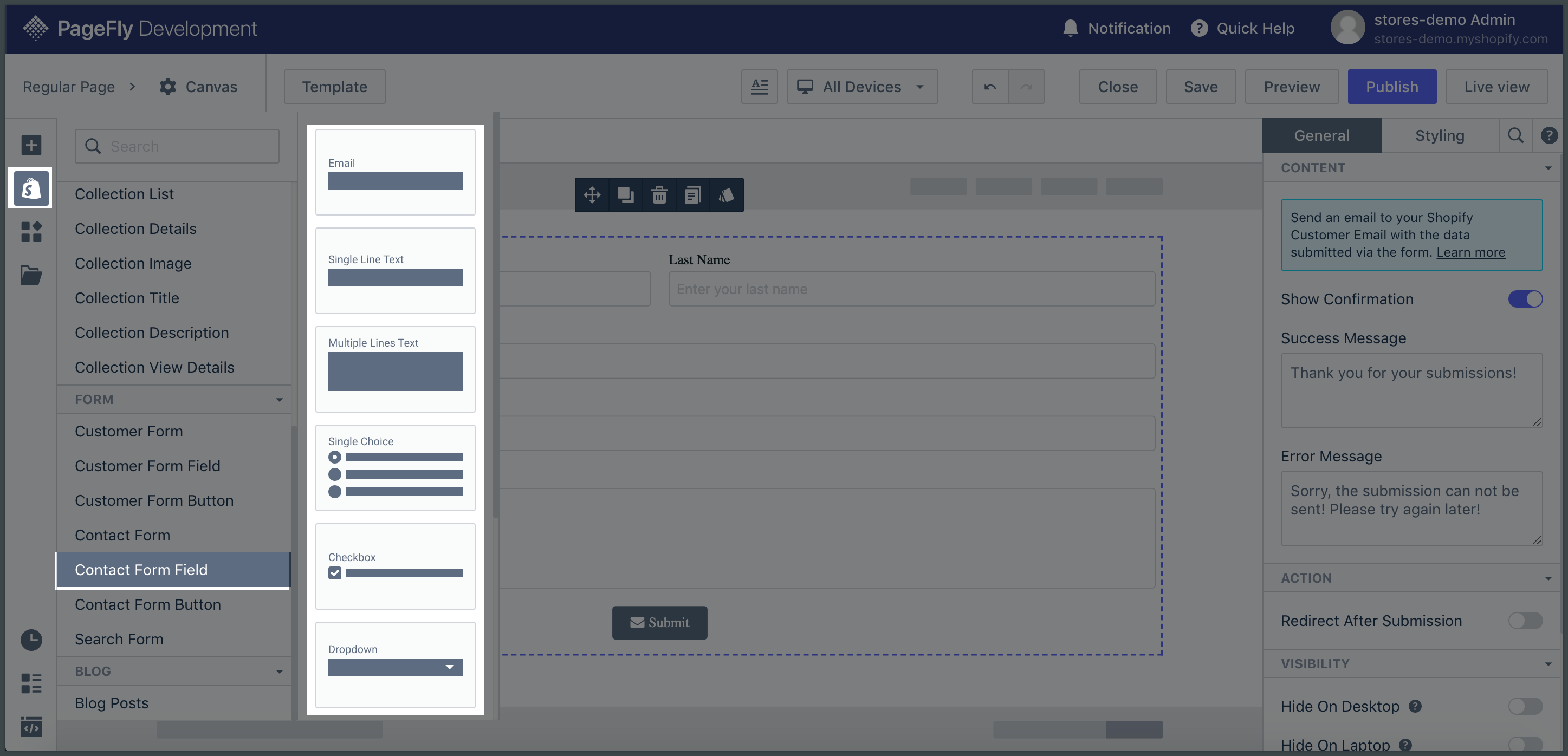 pagefly contact form field