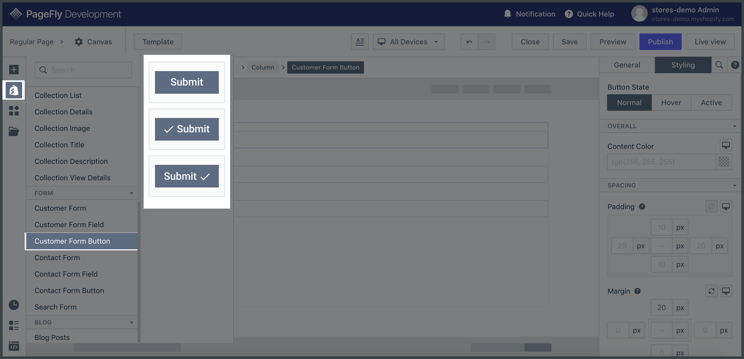 pagefly customer form button