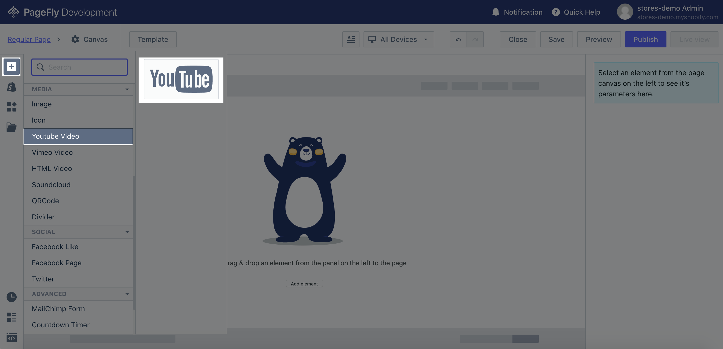 pagefly youtube element