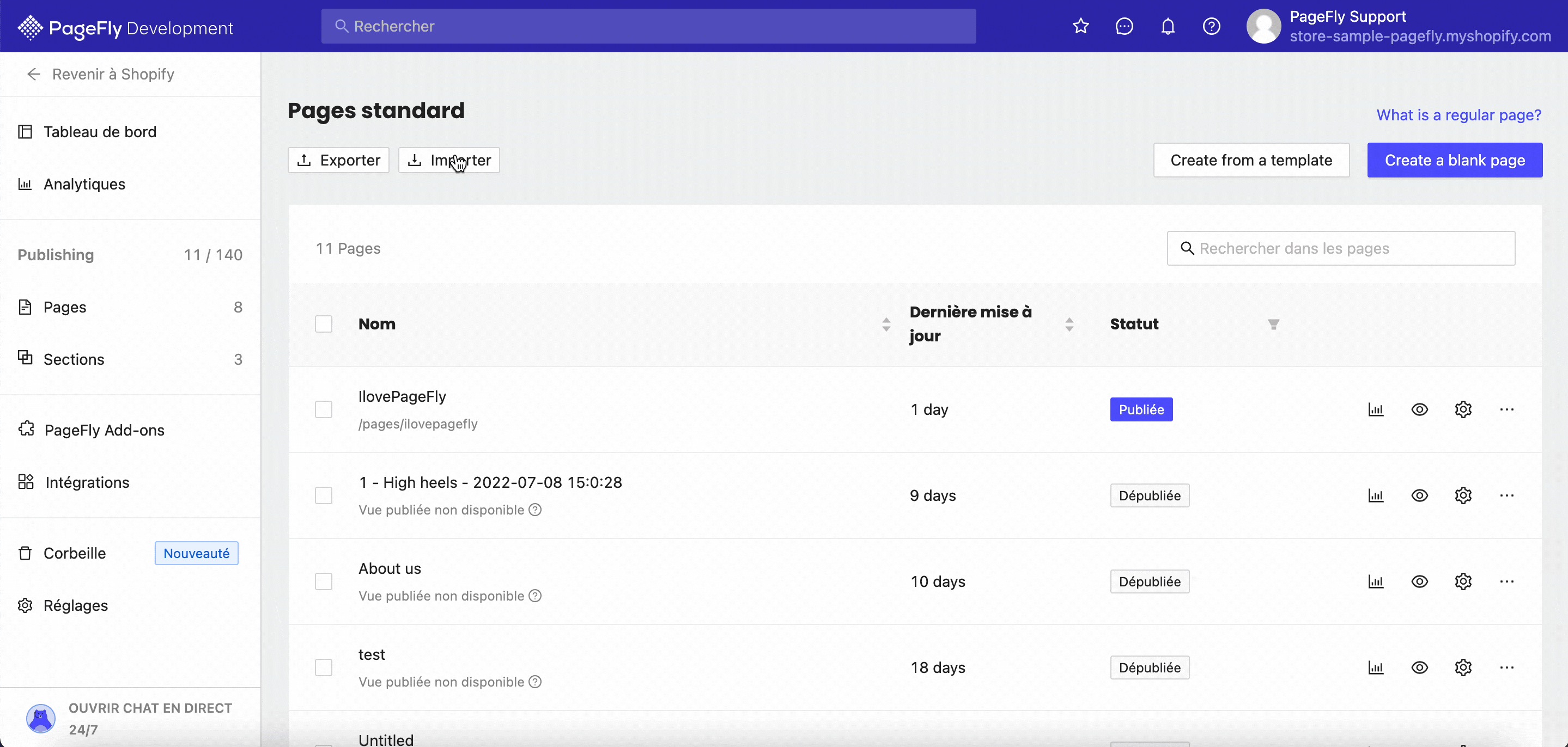 Exporter et importer des pages de PageFly