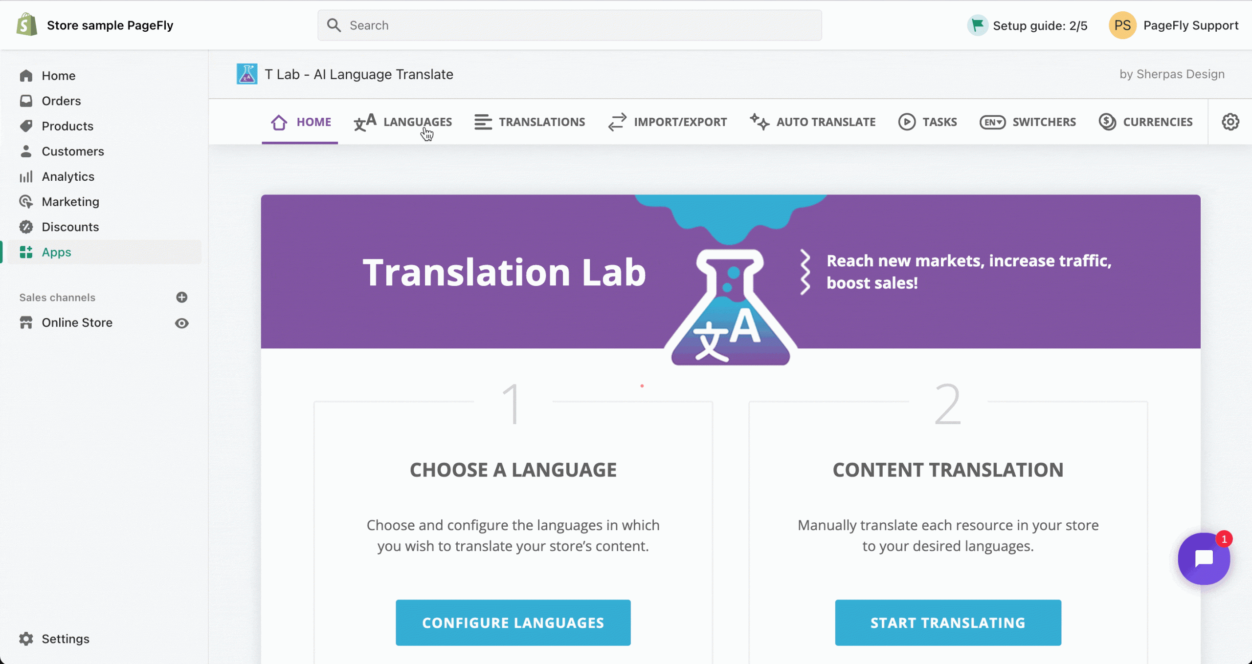 Comment utiliser T Lab pour traduire la page de PageFly